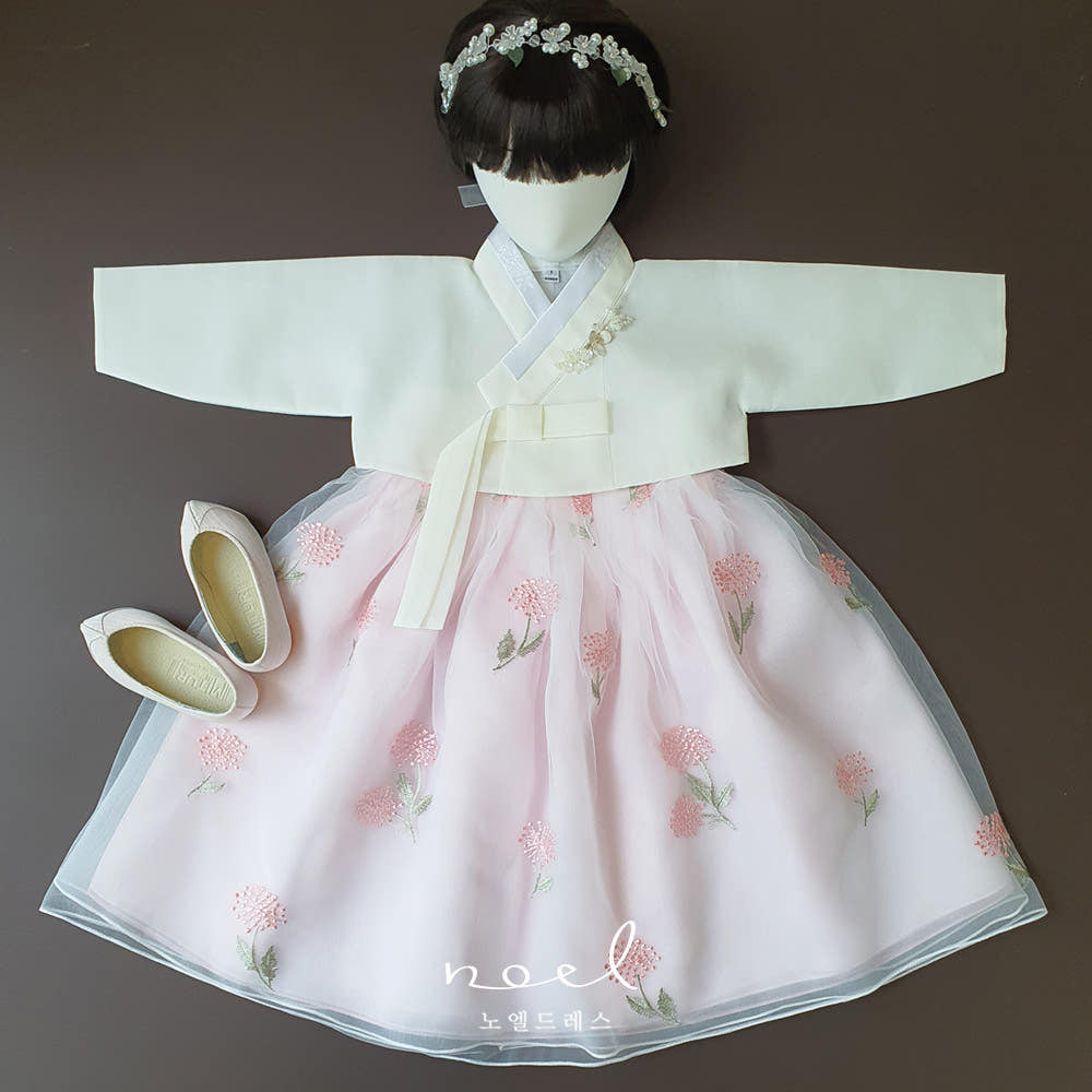 Ha-Eun Classic Hanbok in White/Pink Floral - (100 Days to 8 Years)