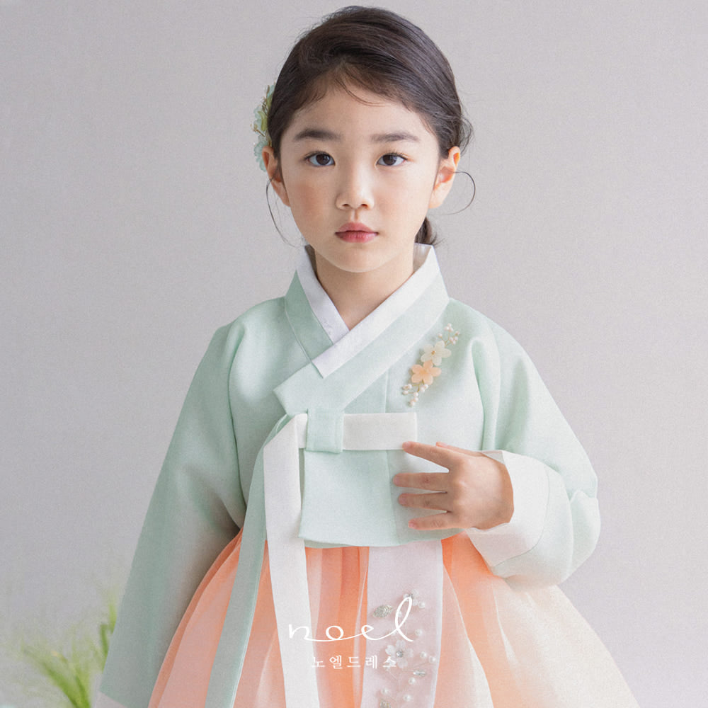 Hee-Sun Classic Hanbok in Mint/Pink, Peach - (100 Days to 15 Years)