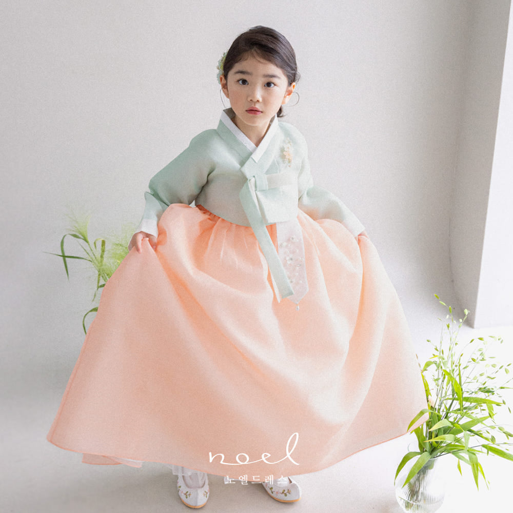 Hee-Sun Classic Hanbok in Mint/Pink, Peach - (100 Days to 15 Years)