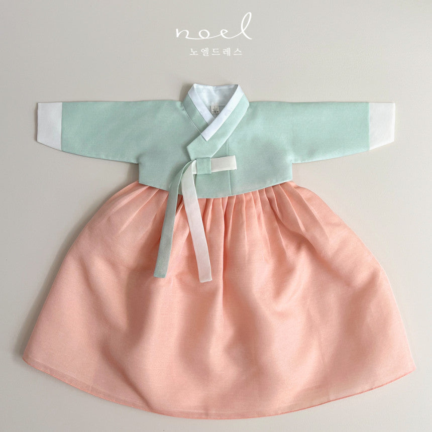 Hee-Sun Classic Hanbok in Mint/Pink, Peach - (100 Days to 15 Years)