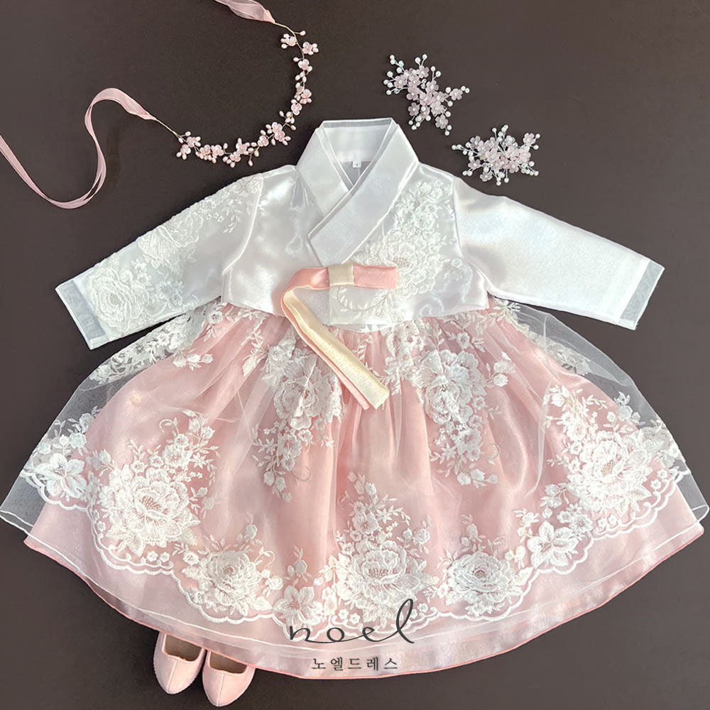 Ah-jin Lace Hanbok in White/Pink - (1 Year - 11 Years)