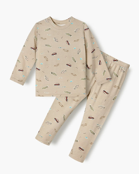 Cotton-Spandex Pajama Set - Beige Cars