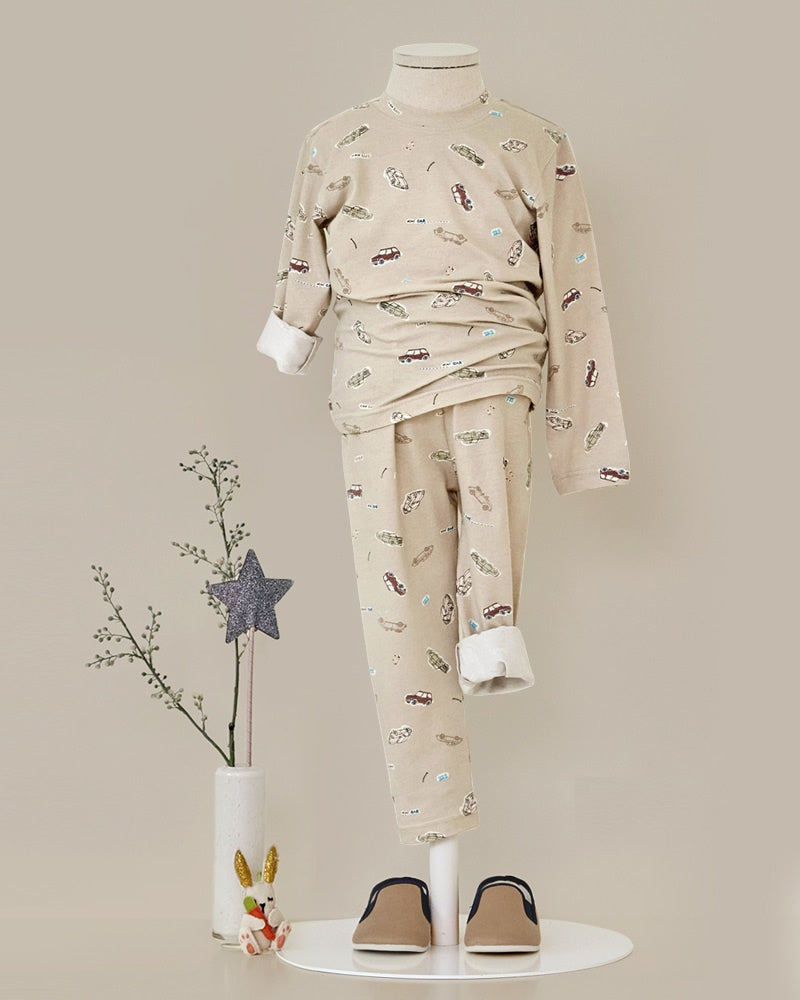 Cotton-Spandex Pajama Set - Beige Cars