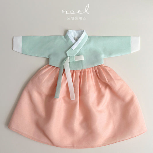 Hee-Sun Classic Hanbok in Mint/Pink, Peach - (100 Days to 15 Years)