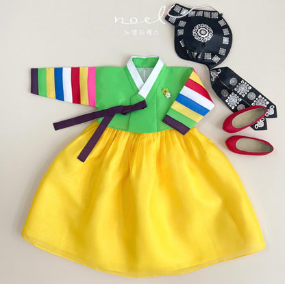 Jun-Kyung Classic Hanbok in Green Multi/Yellow, Green, Red - (100 Days to 1 Year)