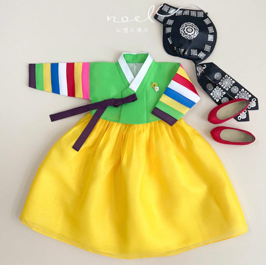 Jun-Kyung Classic Hanbok in Green Multi/Yellow, Green, Red - (100 Days to 1 Year)