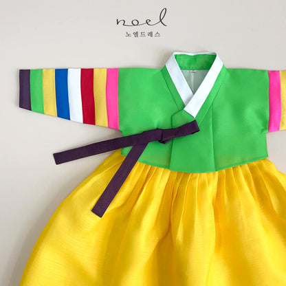 Jun-Kyung Classic Hanbok in Green Multi/Yellow, Green, Red - (100 Days to 1 Year)