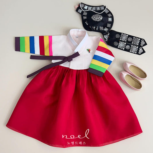 Jun-Kyung Classic Hanbok in White Multi/Red, Yellow, Green - (100 Days to 1 Year)