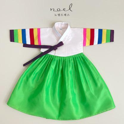 Jun-Kyung Classic Hanbok in White Multi/Red, Yellow, Green - (100 Days to 1 Year)