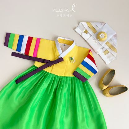 Jun-Kyung Classic Hanbok in Yellow Multi/Yellow, Green, Red - (100 Days to 1 Year)