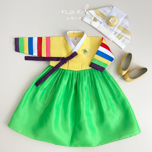 Jun-Kyung Classic Hanbok in Yellow Multi/Yellow, Green, Red - (100 Days to 1 Year)